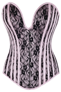 Pink Overbust Corset with Black Lace Overlay and Plunge Neckline