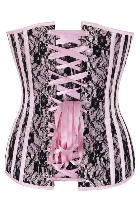 Pink Overbust Corset with Black Lace Overlay and Plunge Neckline