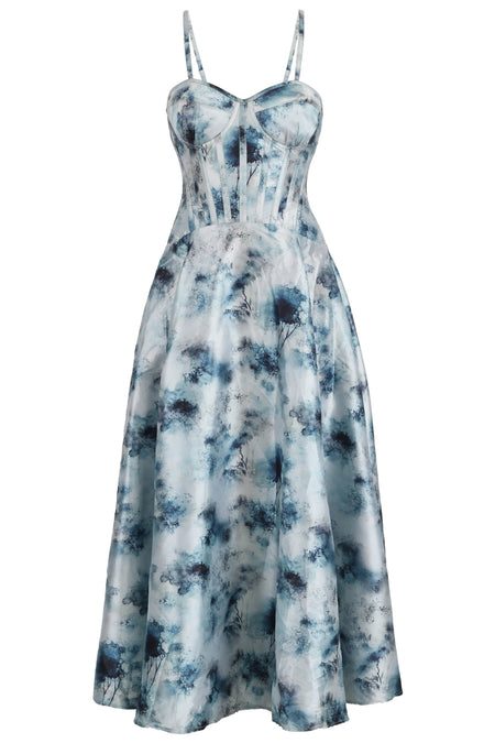 Watercolor Blue Corset Midi Dress with Shoulder Straps