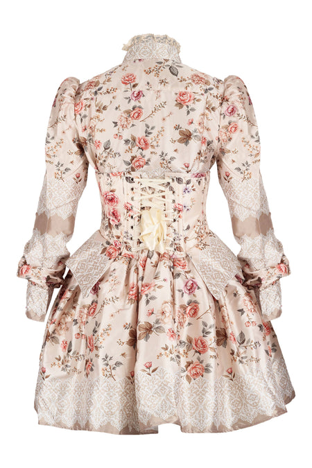 Victorian-Inspired Rose Print Costume Set with Underbust Corset, Skirt & Shirt