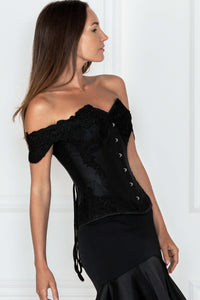 Corset Story ND-114 Black Longline Corset Top with Lace Cap Sleeve